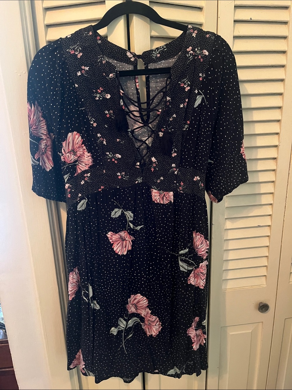 Black Floral Lace-Up Mini Dress